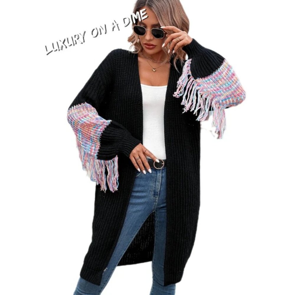 Fringe Sleeve Retro Waffle Knit Longline Duster Cardigan Colorful Open Sweater